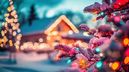 Festive Christmas tree with lights in front of a snow covered house