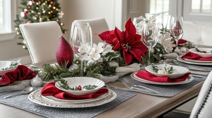 Fototapeta premium Elegant Christmas Table Setting with Festive Holiday Decorations