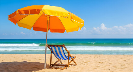 Beach scene with umbrella and chair