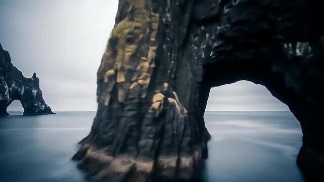 Long Exposure of Arnarstapi Arch Rock in Icelands Coastal Waters.