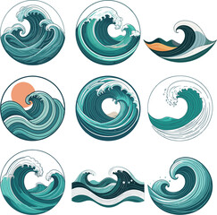 Collection of abstract ocean waves in circular design with Japanese style sea illustration and water movement for nature and marine concept