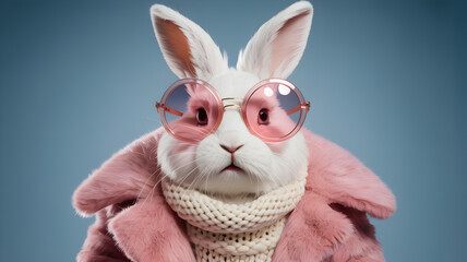 Fashionable Rabbit Wearing Pink Coat and Sunglasses surface background. 