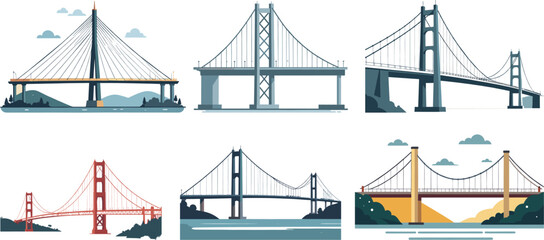 Vector illustration of iconic modern bridges with different architectural designs such as suspension bridge cable stayed bridge and steel bridge in flat design style for transportation infrastructure 