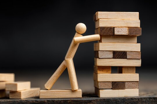 Wooden figure attempting to push a precarious tower of rectangular blocks, dark backdrop