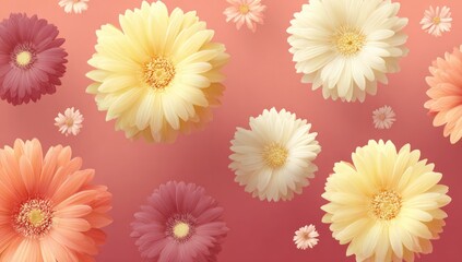 Pastel floral arrangement on a coral background, depicting various gerbera daisies