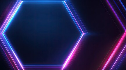Abstract glowing hexagon outlines in electric blue and pink, against a deep navy backdrop