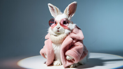 Fashionable Rabbit Wearing Pink Coat and Sunglasses surface background. 