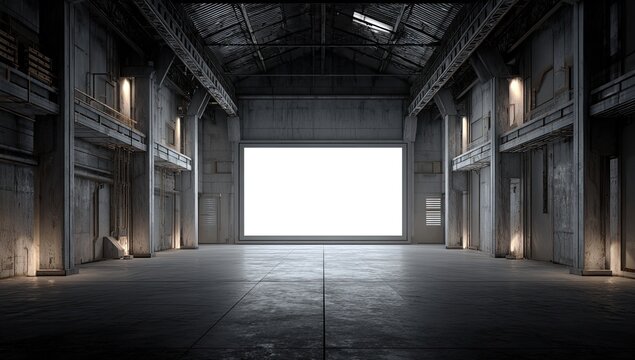 Interior view of a large, empty industrial warehouse, with concrete walls, and a large, bright doorway - Powered by Adobe