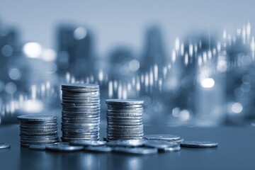 Stacks of coins in the foreground with a blurred cityscape and financial trend graph in the background