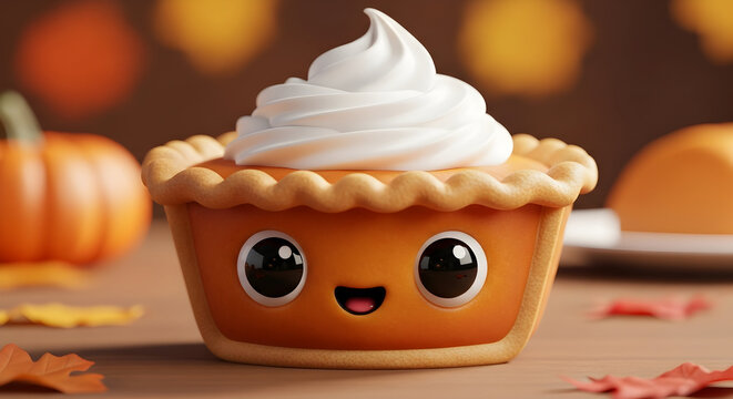 Cartoon pumpkin pie dessert with whipped cream