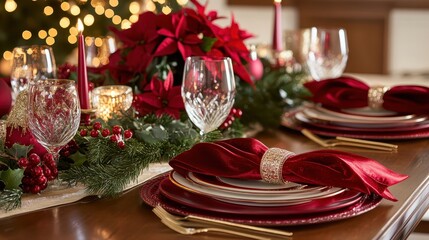 Naklejka premium Elegant festive holiday tablescape with rich colors and decor