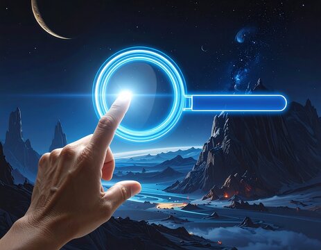 Hand pointing to glowing holographic magnifying glass search icon