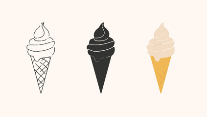 Vector art of three ice cream cones in different styles hand drawn vector illustration