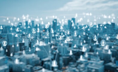 Fototapeta premium A cityscape is blurred with glowing network icons representing connections across a community