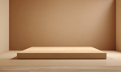 Neutral toned indoor space featuring a platform, with warm shades and a clean, minimalist style