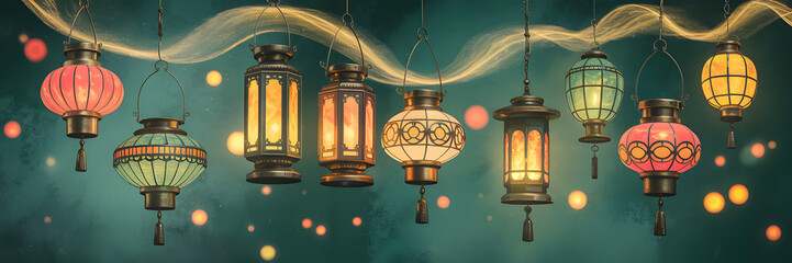 Assorted Colorful Hanging Lanterns with Bokeh Lights on Teal Background decoration.