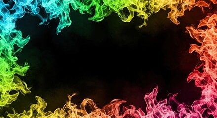 Rainbow Fire Frame - Vibrant Flames on Black Background.