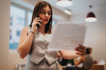 Confident businesswoman reviews important financial charts while engaging in a phone conversation, demonstrating communication and analysis skills in a professional office setting.