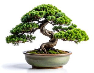 Minimalist bonsai juniper tree with crooked branches in a shallow ceramic pot, isolated in white