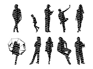 Vector illustration, Outline silhouettes of people, Contour drawing, people silhouette, Icon Set Isolated , Silhouette of sitting people, Architectural set