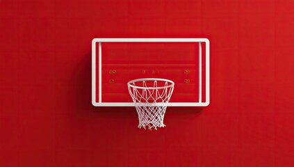 A vivid red wall displays a basketball hoop, white rectangular backboard, and a white net