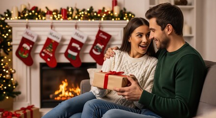 A man and woman sitting on a couch with a christmas present