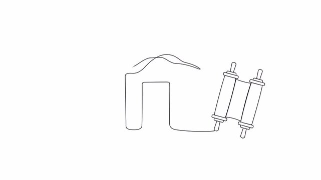 Black line animation on white background shows Torah, sukkah, Four Species with etrog, and Hebrew text "Chag Sukkot Sameach" meaning "Happy Sukkot". Holiday greeting and cultural design.Alpha channel