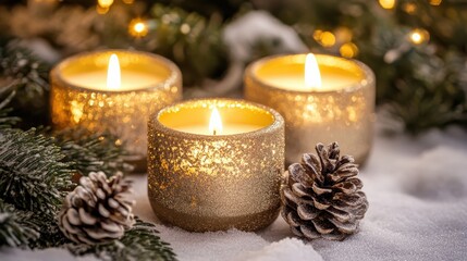 Glowing Candles and Pine Cones Creating Holiday Atmosphere