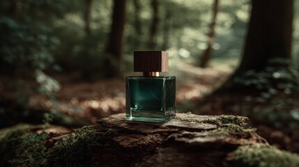 Minimalist dark green perfume bottle in a natural forest setting