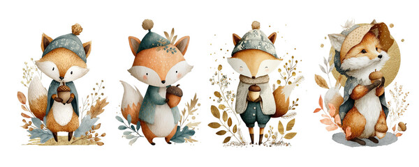 a set of cute watercolor foxes in clothes