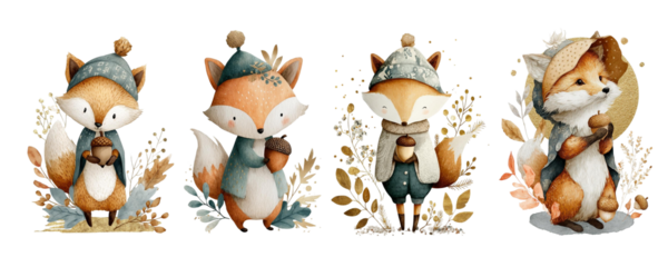 a set of cute watercolor foxes in clothes