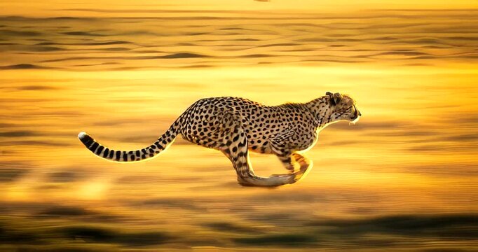 Cheetah sprinting across golden savannah grasslands during sunset