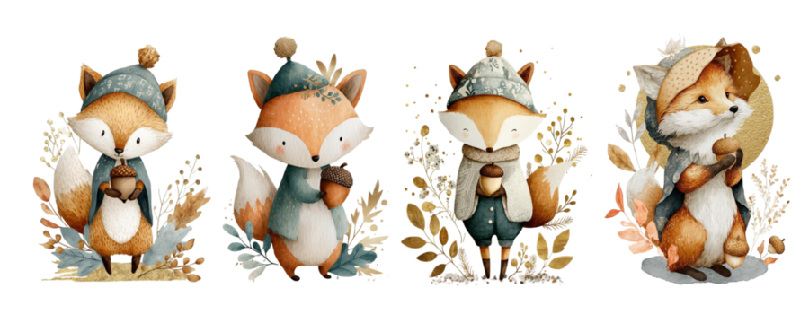 a set of cute watercolor foxes in clothes