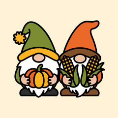 Thanksgiving Gnomes with Pumpkin and Corn Illustration