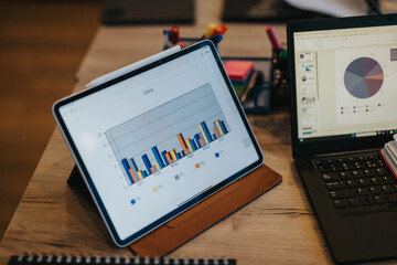Couple consulting with a financial advisor in a bank, discussing loans and savings options. A tablet and laptop display financial charts and graphs, highlighting a professional and informative setting