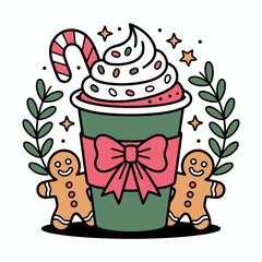 Christmas Coffee Cup with Gingerbread Cookies and Candy Cane