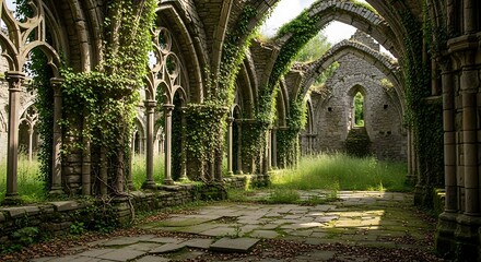 Obraz premium Ancient Gothic Abbey Ruins Overgrown with Lush Greenery and Moss.