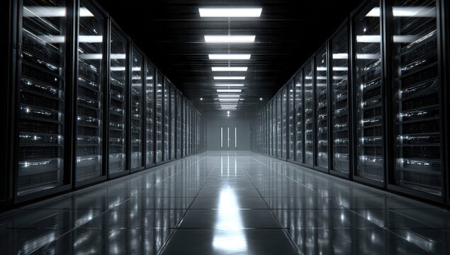 A symmetrical, long, and bright corridor with server racks on both sides of the aisle