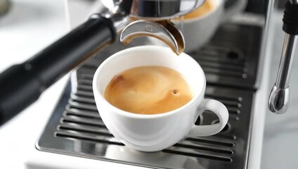 Espresso brewing in white cup on coffee machine countertop  