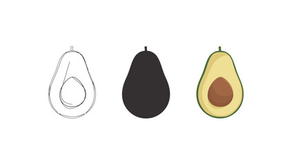 Vector art of three versions of an avocado, including line drawing, silhouette, and color illustration