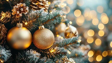 Golden Christmas Ornaments Displayed on a Decorated Tree