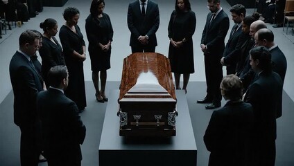 Group of mourners in formal attire gathered around a coffin  