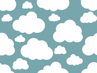 Seamless pattern of cartoon white clouds against a light blue green sky background Simple graphic