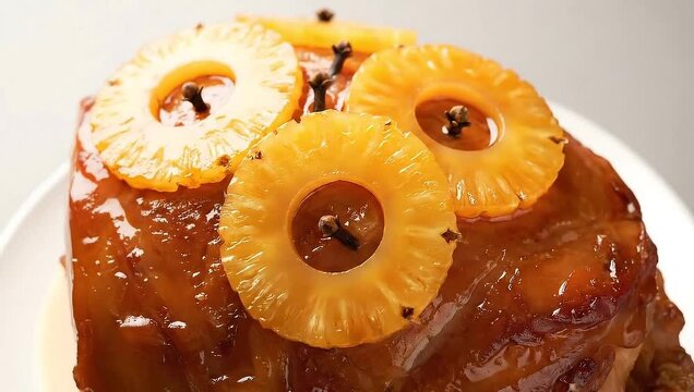 Pineapple glazed cake with sliced pineapple rings and cloves  