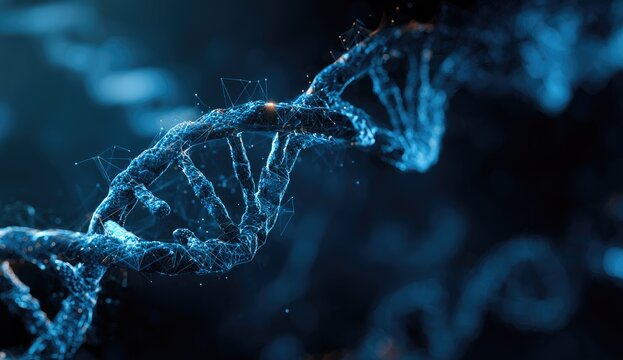 A futuristic illustration of a DNA double helix glowing in ethereal blue light, abstract