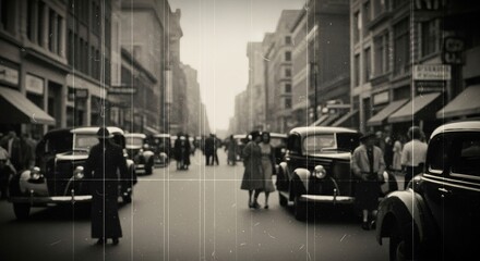 Vintage City Street Scene with Classic Cars and Pedestrians.