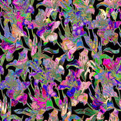 A colorful floral seamless pattern featuring lily flowers and leaves in violet, pink, indigo, purple, and black on a dark background. High quality illustration