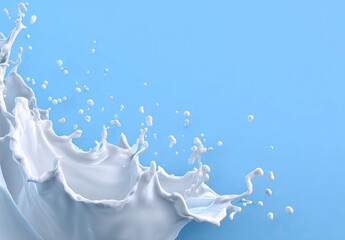 A splash of opaque, white liquid erupts on a soft blue backdrop, droplets scattered