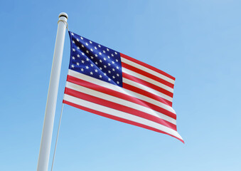 The national flag of the United States waving on a pole under a bright blue sky, symbolizing American freedom, unity, and patriotism. Ideal for editorial, cultural, and national holiday use