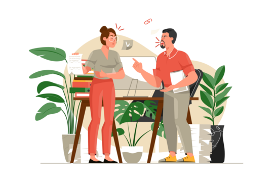 Workplace Conflict Illustration of Angry Coworkers Arguing by Desk with Potted Plants and Documents in Office Environment Aggression at Work Concept